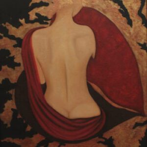 Painting of a woman’s back with red cloth draped on her