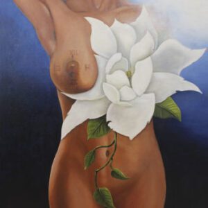 A naked body of a woman, with one breast covered by a white flower