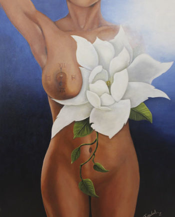 A naked body of a woman, with one breast covered by a white flower